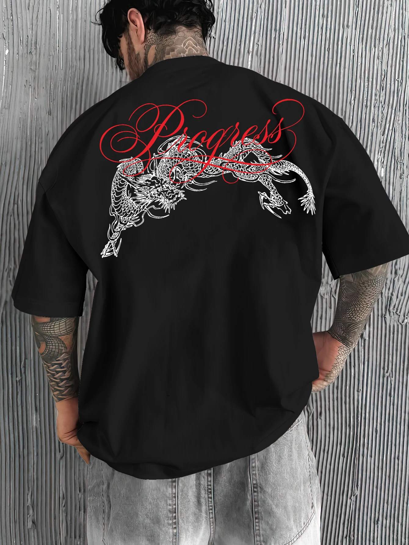Men's Oversized Streetwear Progress Chinese Dragon Cursive Letter Back Print Polyester Short Sleeve Crewneck T Shirt S-2XL