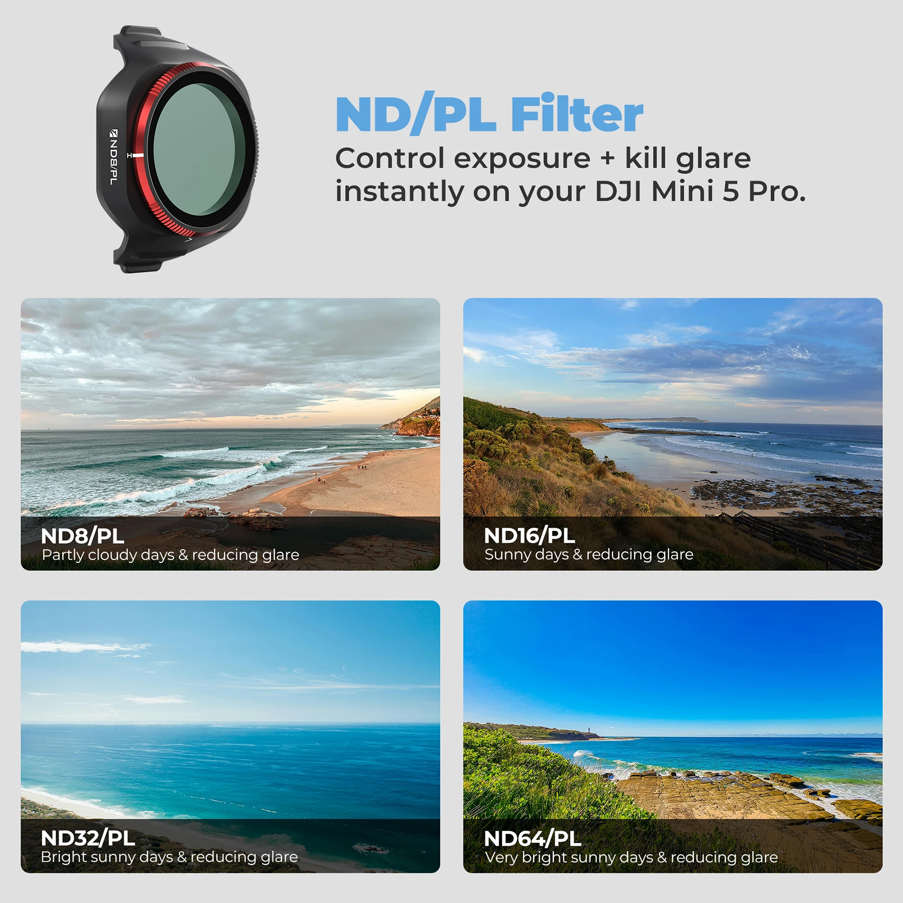 Freewell Single Drone Filters for DJI Mini 5 Pro, ND, UV, ND/PL, LPR, CPL and Black GLOW MIST 1/4 Filter Photography Accessories