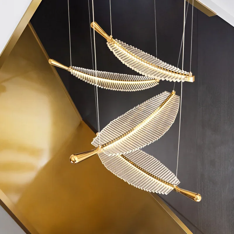 2026 Light Luxury Crystal Leaf Feather LED Chandelier Creative Art Rotary Staircase Chandelier Living Room Dining Room Lighting