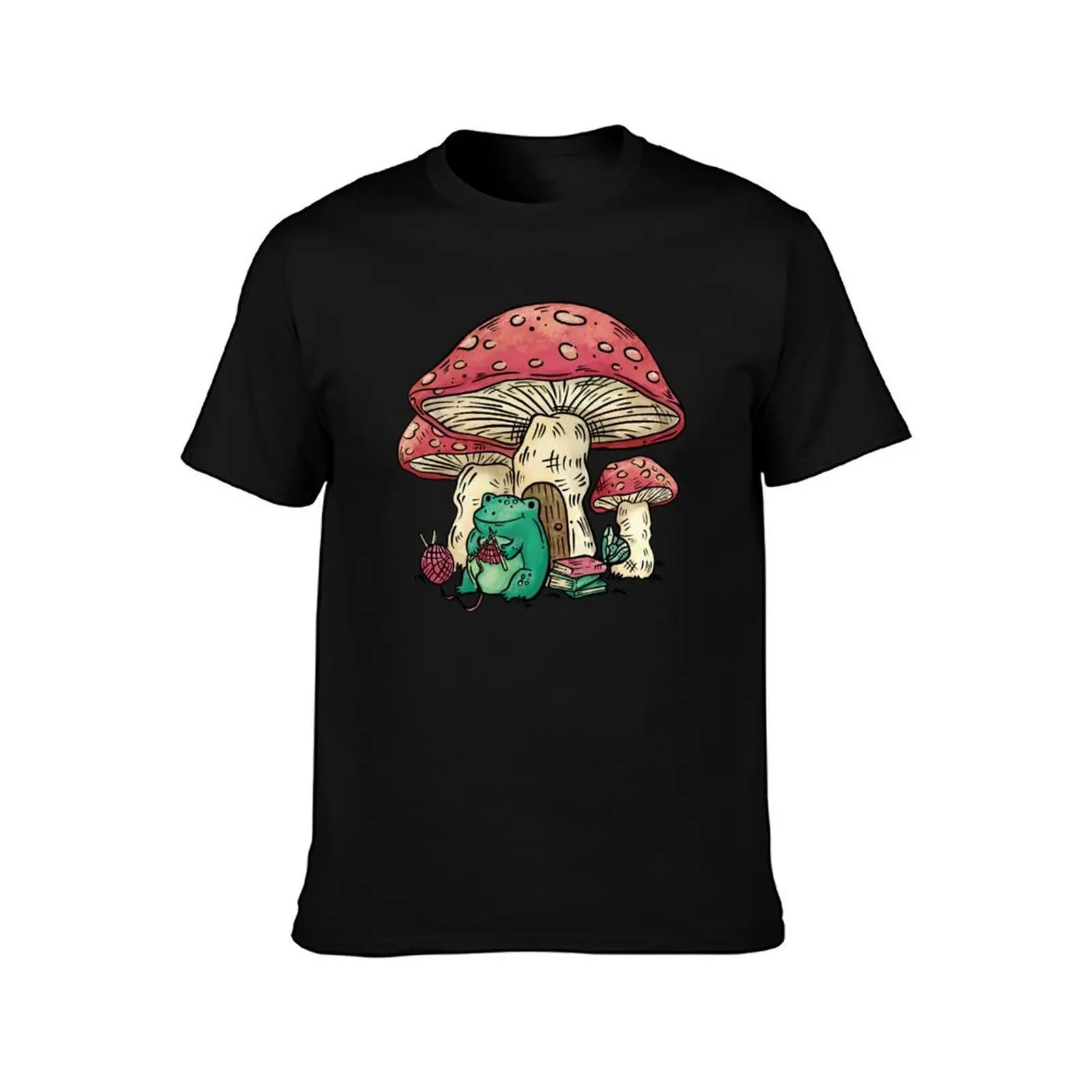 Frog sitting under a mushroom knitting, Cottage Core frog and mushroom, Cute frog and mushroom, Gift for people who knit T-Shirt