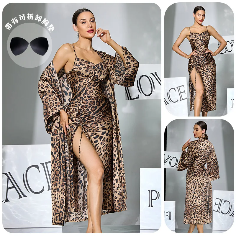 Leopard print faux acetate slip dress robe two piece set removable breast pads long skirt lantern sleeves Nightgown L Size Sexy