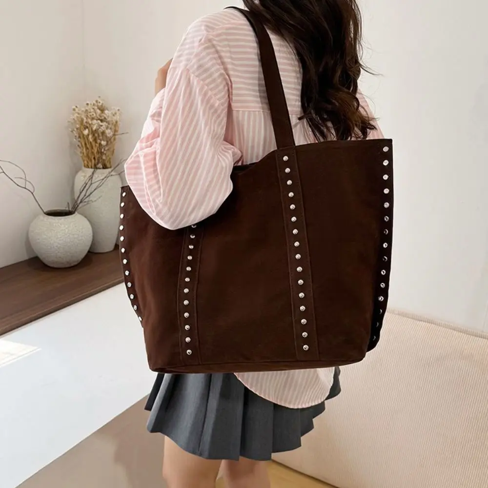 Korean Style Suede Rivet Tote Bag Solid Color PU Leather Suede Leather Shoulder Bag Fashion Large Capacity Underarm Bag Travel
