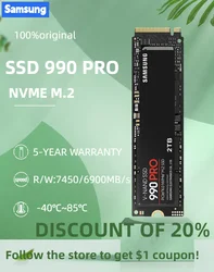 SAMSUNG 990 PRO SSD 1TB 2TB Internal Solid State Disk M2 2280 Heat Sink PCIe Gen 4.0x4 NVMe 2.0 hard Drive for Desktop Computer