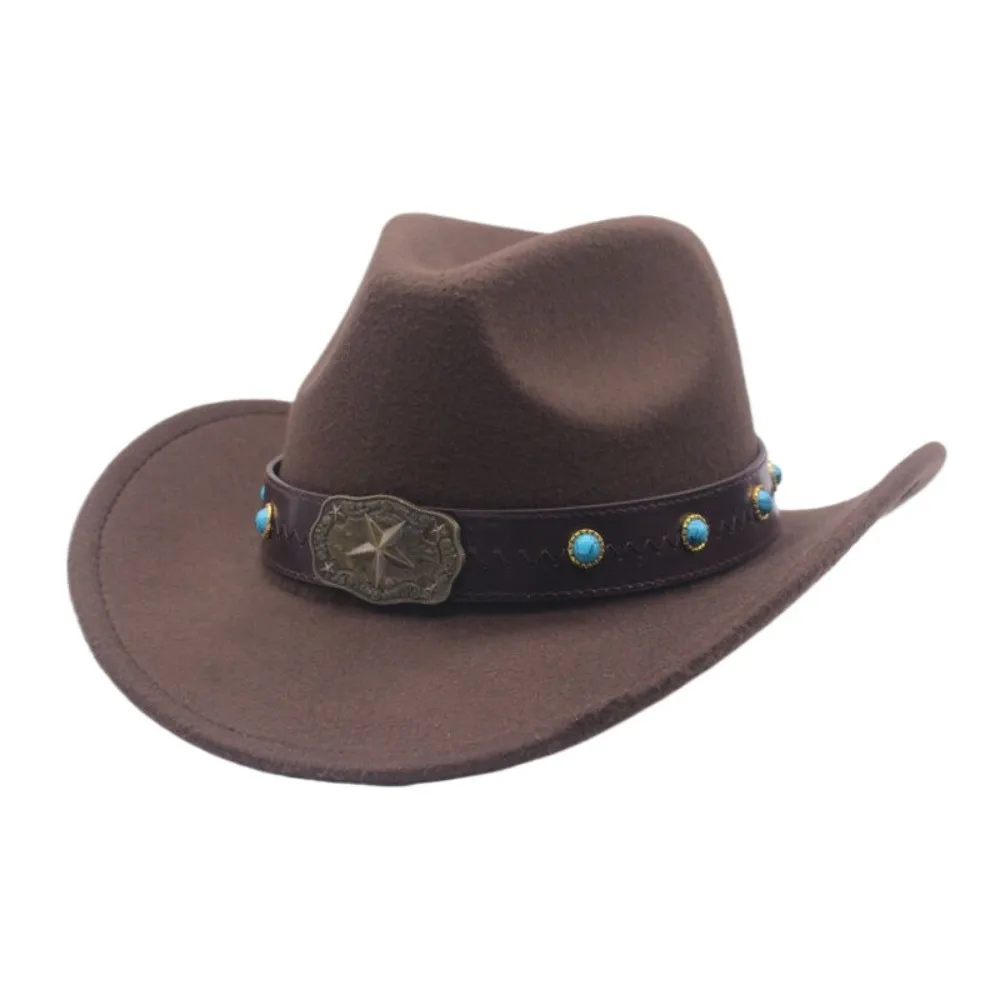 Nowy kapelusz kowbojski w stylu western ze sztucznego zamszu, filcowy cylinder w stylu tybetańskim, kapelusz fedora z zakrzywionym rondem, etniczny kapelusz jazzowy, kapelusz do jazdy na koniu na zewnątrz