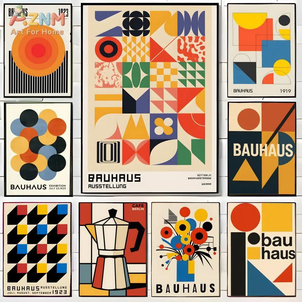 AZNM Bauhaus Geometric Abstract Frameless Canvas Wall Art, Mid Century Modern Retro Print, Minimalist Living Room Home Decor, Un