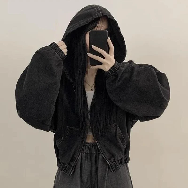 سترات ماتاكاوا من قماش الدنيم للنساء بقلنسوة للربيع والخريف موضة كورية متينة سترات كلاسيكية فضفاضة بسحّاب ملابس علوية من Ropa De Mujer #3