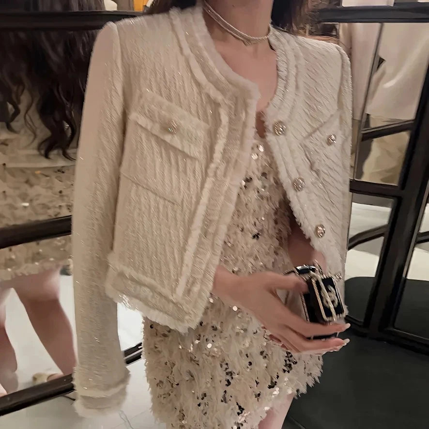 

Temperament Celebrity Fragrant Coat Women's Spring Autumn 2024 New Versatile Round Neck Short Coat Tassel Tweed Jacket White