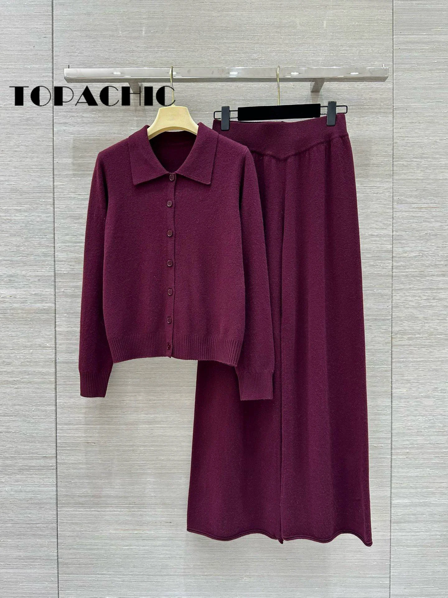 9.25 TOPACHIC-Women Simple Comfortable Wool Knitted 2 Piece Set Letter Single Breasted Cardigan + Elastic Waist Wide Leg Pants