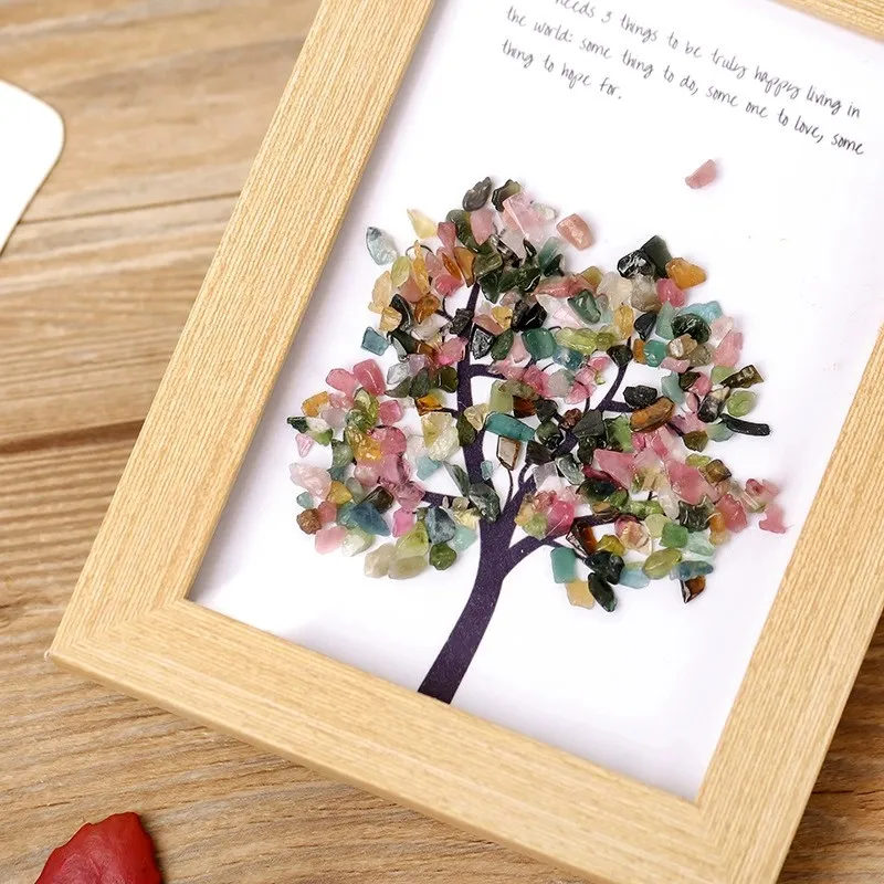 Natural Crystal Crushed Stone Specimen Ornament Purple And Yellow Amethyst Tree Of Life Decorative Painting Photo Frame