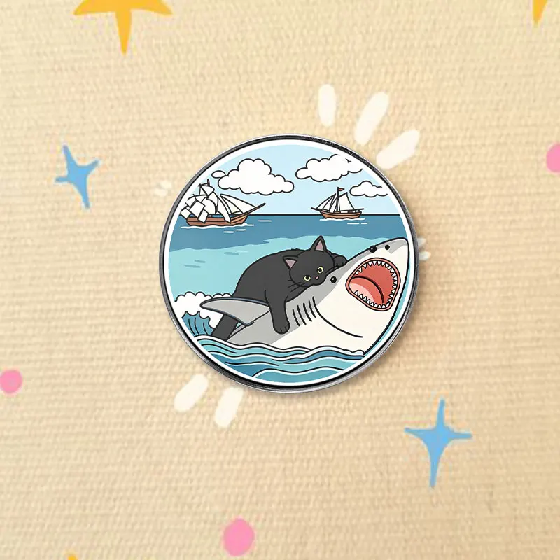 Round Metal UV Printing Badge Black Cat Riding Shark Ocean Sailboat Lapel Badge Cartoon Sea Wave Vintage Nautical Style Brooch