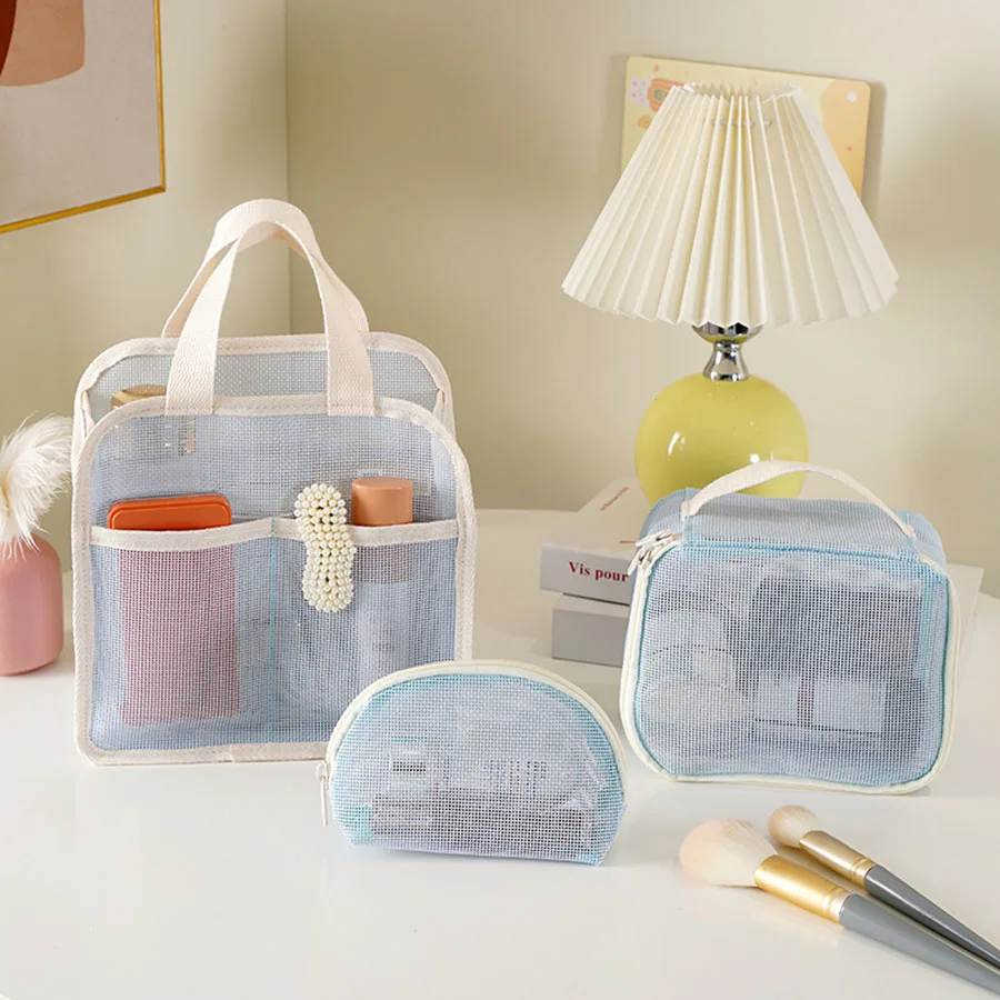 3Pcs/set Large Capacity Mesh Cosmetic Bag Zipper Lightweight Transparent Makeup Pouch Visibility Handheld Travel Storage Bag