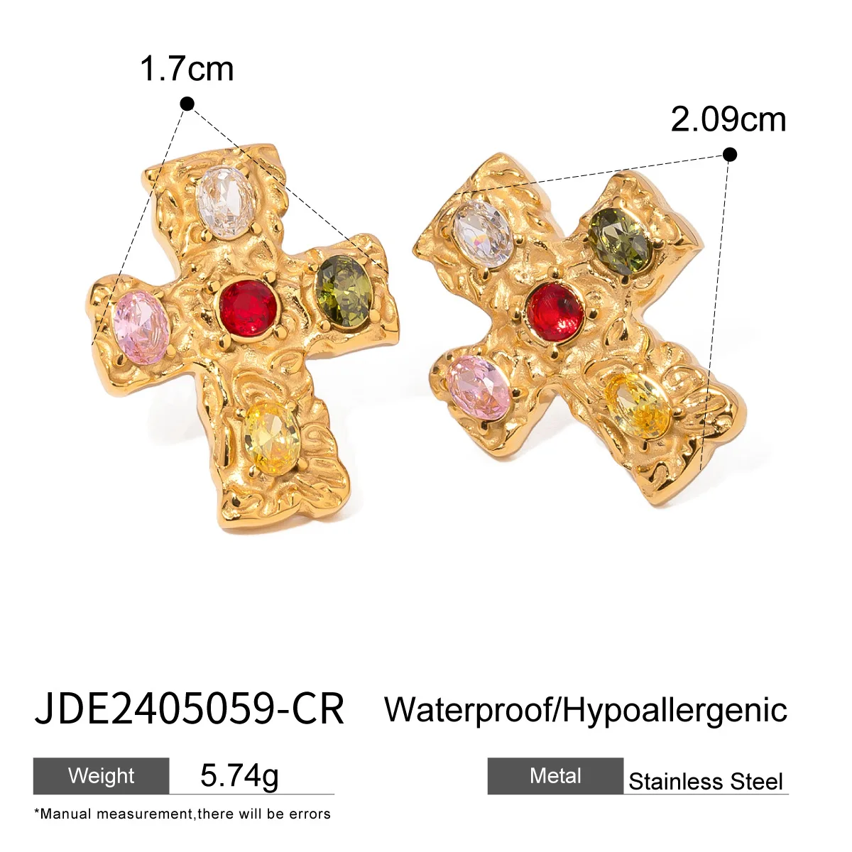 الفولاذ المقاوم للصدأ PVD 18K مطلية بالذهب تشويه مقاوم للماء جوهرة ملونة الصليب وأقراط للمرأة المجوهرات بالجملة العصرية