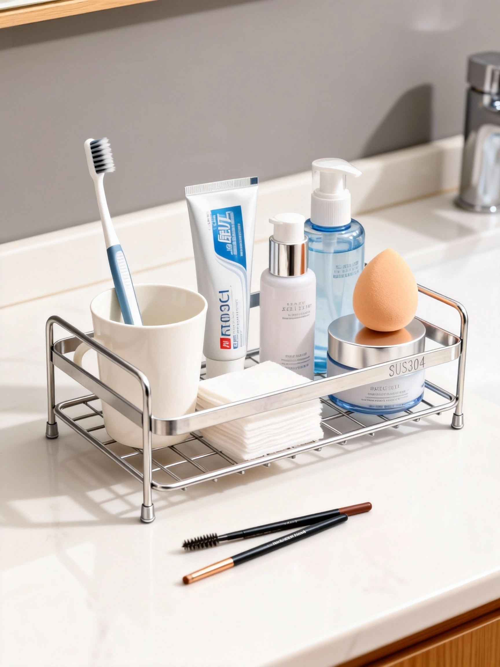 Bathroom Toothbrush Cup Holder Stainless Steel 304 Mirror Finish Toothpaste Liquid Soap Storage Rack Simple Style Desktop Ins...