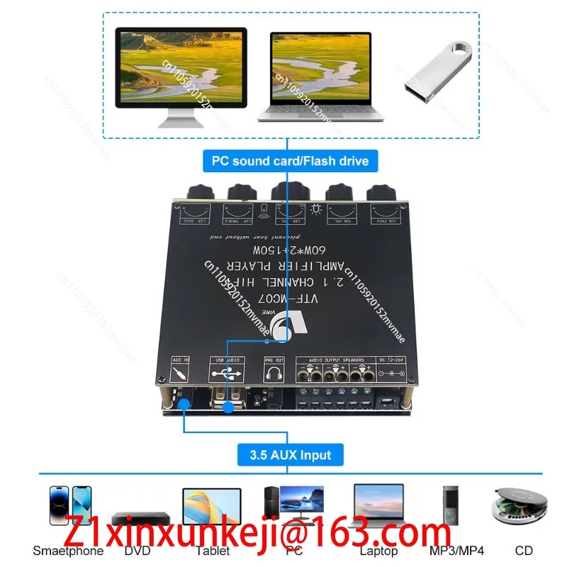 2*60W+150W Subwoofer Bluetooth 5.3 Power Amplifier Board USB Sound Card 2.1 Channel Audio Equalizer Class D Amp Module