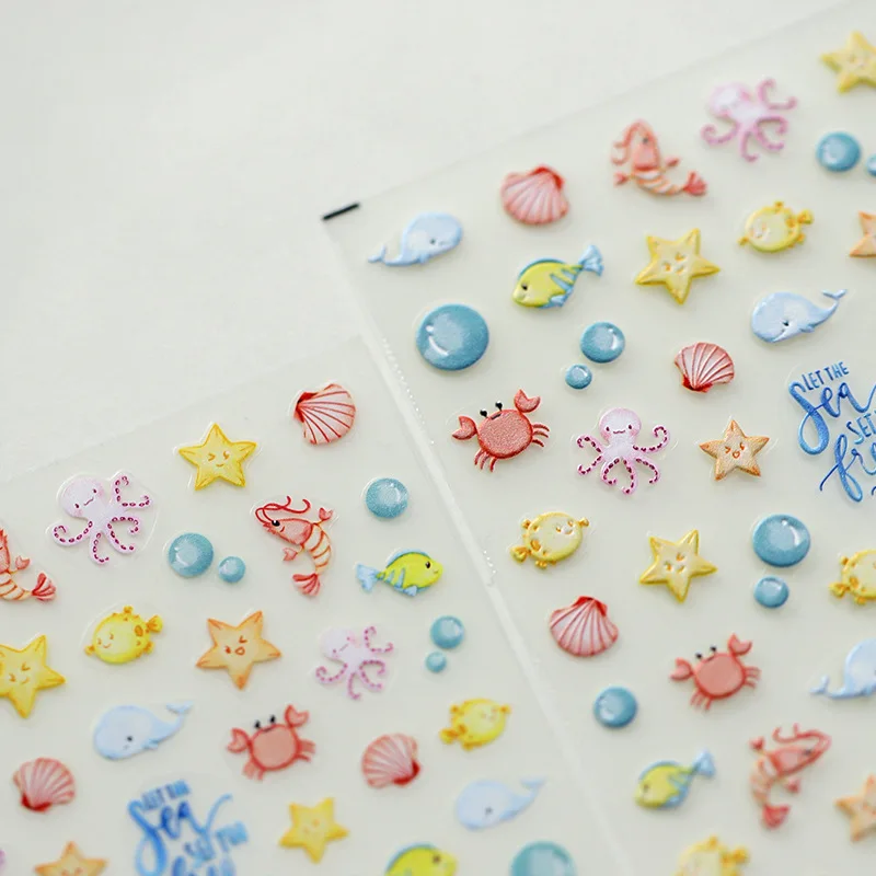 1PCS 5D Embossed Summer Sea Nail Kawai Stickers Dreamy Ocean Shell Animal World Nails Design Manicure Decoration Accessories DIY