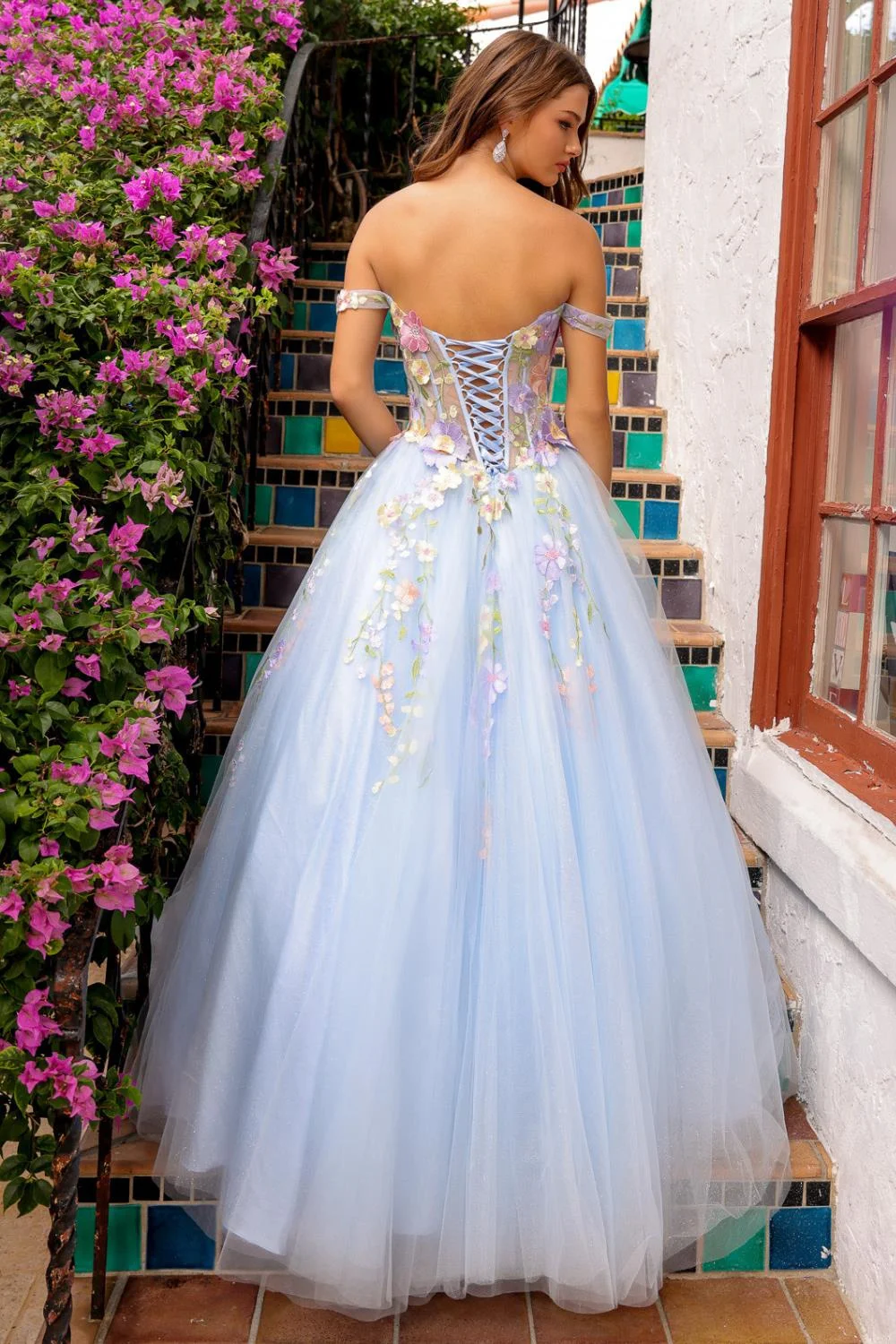 Jessica Sky Blue Flowers Prom Dresses Tulle Off The Shoulders Evening Dresses Wedding Dress Formal Party Dresses Robes De Soirée