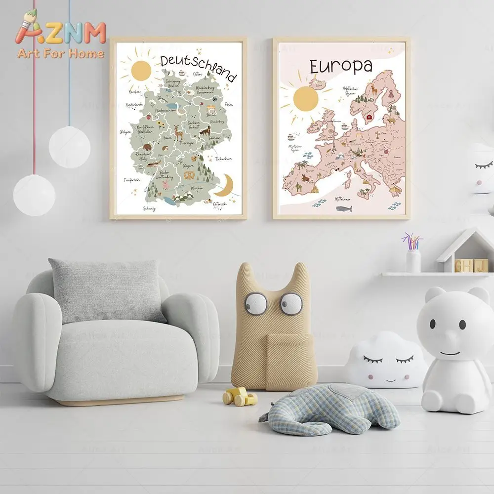 AZNM Kids World Map Canvas Wall Art Cute Animal Educational Globe Geography Print Frameless Canvas Painting Playroom Nursery Boy