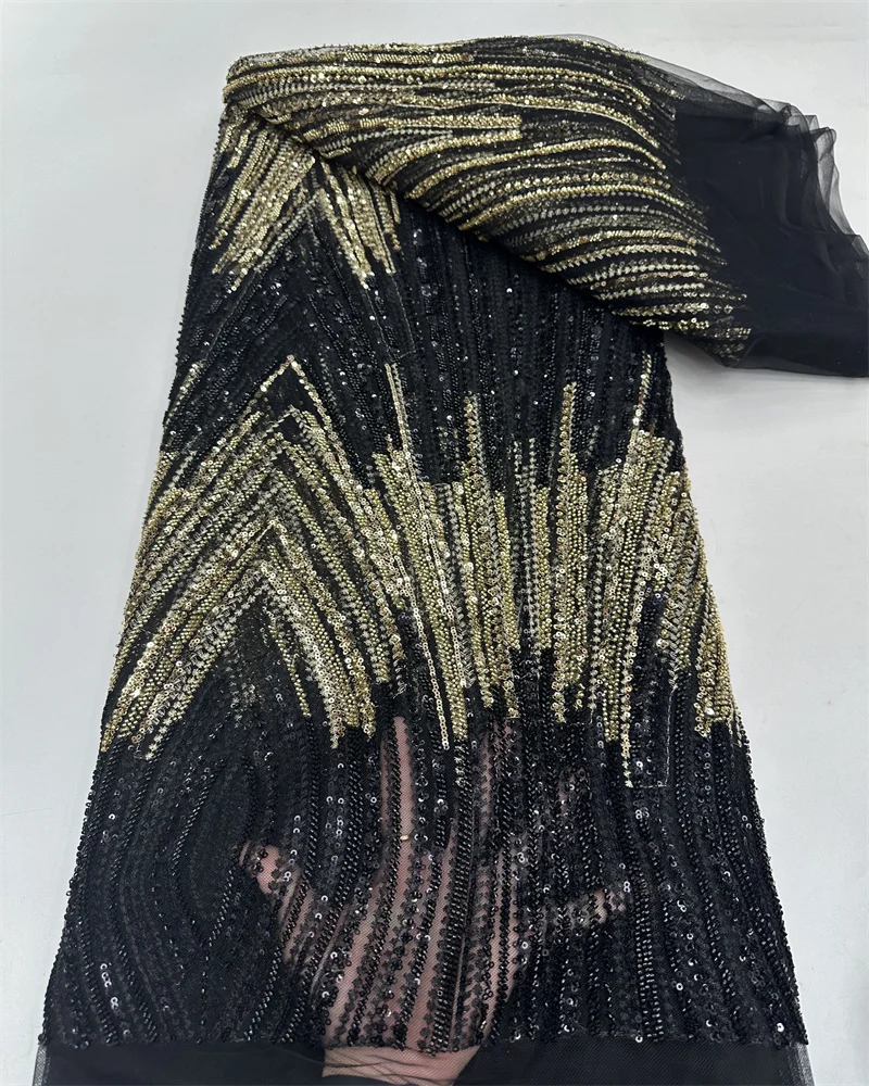 

Luxury French Mesh Beads Embroidery Sequins Lace Fabric African Nigeria Groom Lace Fabric For Wedding Dress Sewing Material