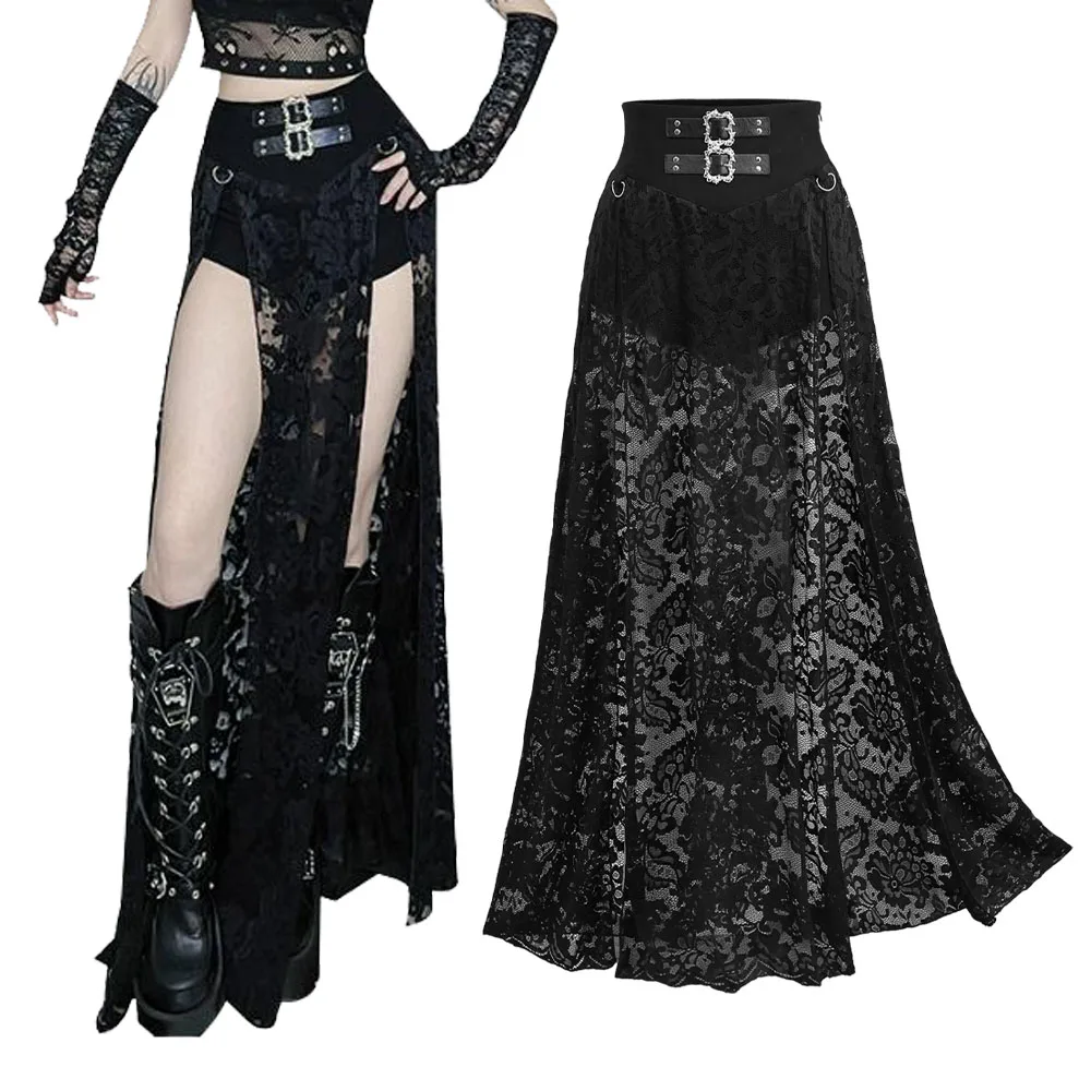

Gothic Flower Lace Overlay M-Slit Maxi Skirt Women's Bottoms Black Sexy Skirts