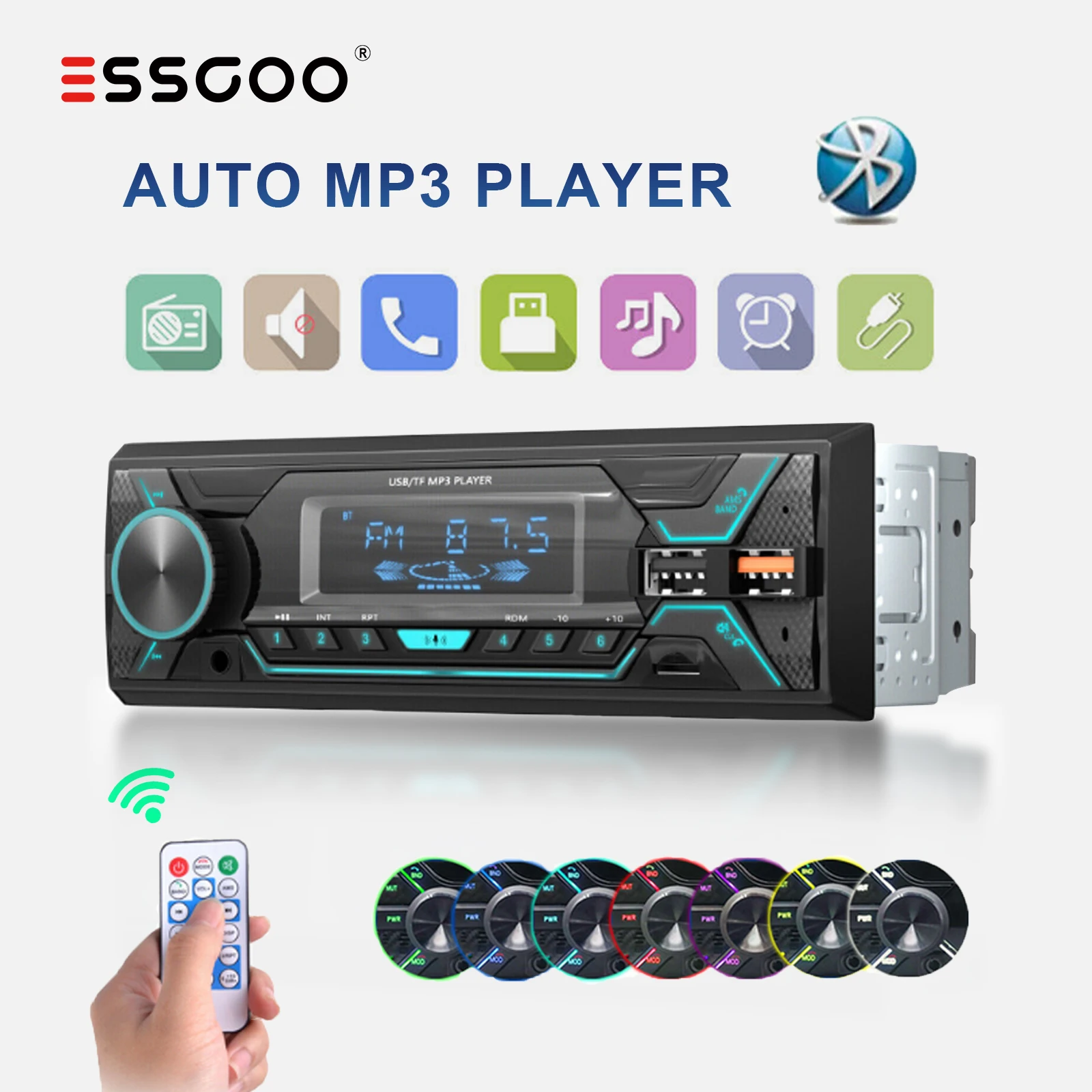 ESSGOO Single 1 Din Universal Car Stereo Radio MP3 Player In-dash FM BT USB Aux Receiver Radio Head Unit w/7 LED Lighting Colors