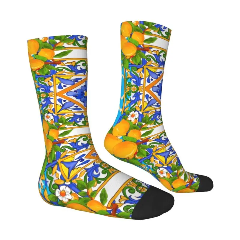 Custom Novelty Mediterranean Summer Citrus Lemons Sicilian Tiles Socks for Men Women Stretchy Summer Autumn Winter Crew Socks