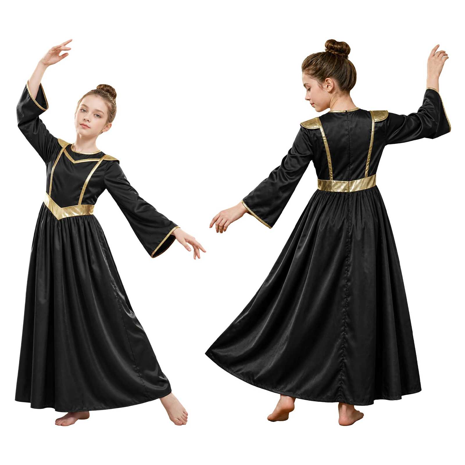 Girls Metallic Block Long Sleeve Praise Dance Dress for Girls Worship Liturgical Praise Costumes Back Invisible Zipper Robe
