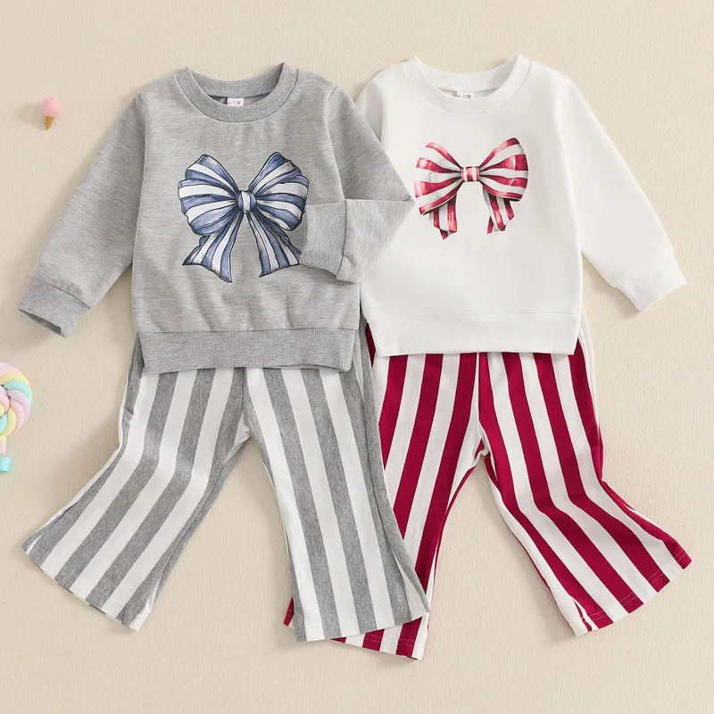 0 to 3 Years Baby Girls 2 Piece Pant Sets Spring Autumn Clothes Long Sleeve Bow Print Sweatshirt with Striped Flare Pants