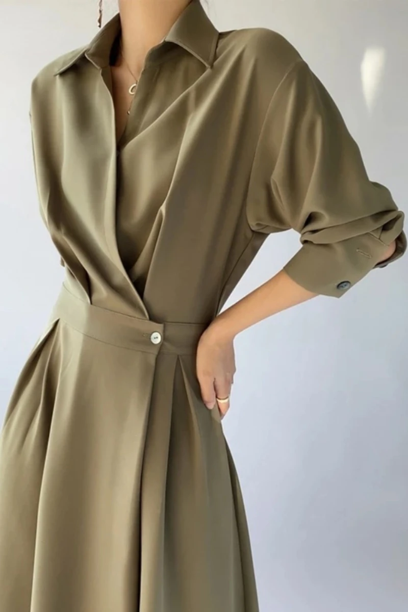 Women's Casual A-Line Midi Shirt Dress Long Sleeve Slim Waist Black Female Fashion Outerwear Cloths Spring