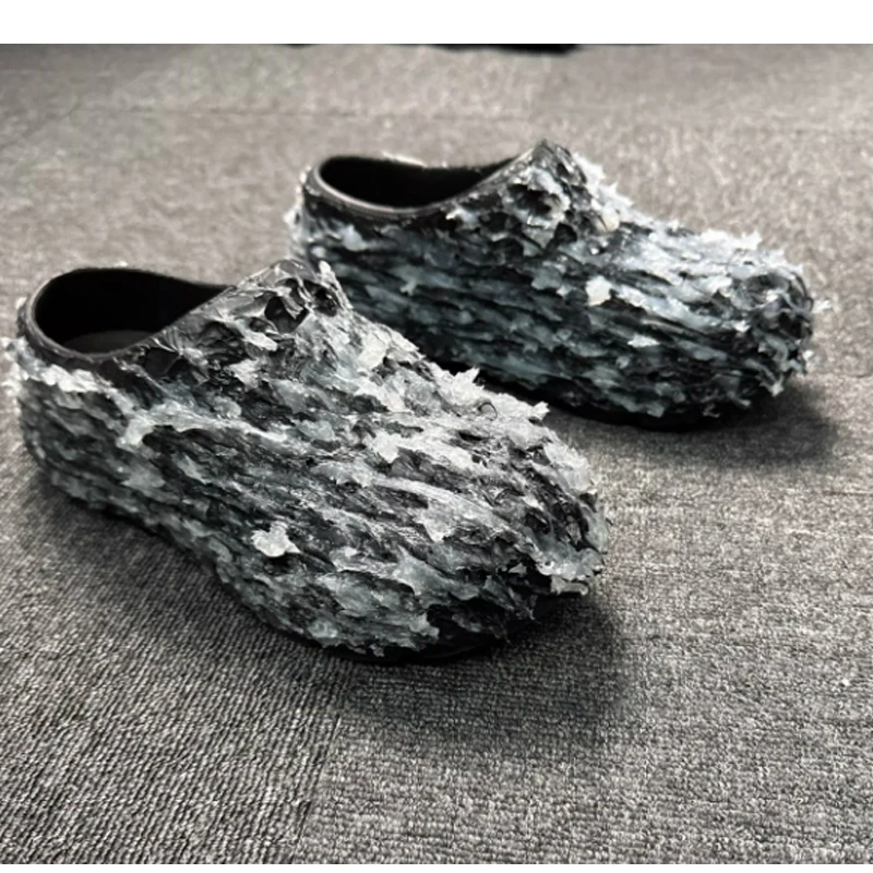 Men's Textured Crinkle Slip-On Round-Toe Platform Mules Slippers 2026 Unique Rough Rubber Casual Shoes Fashion Shoes for Men