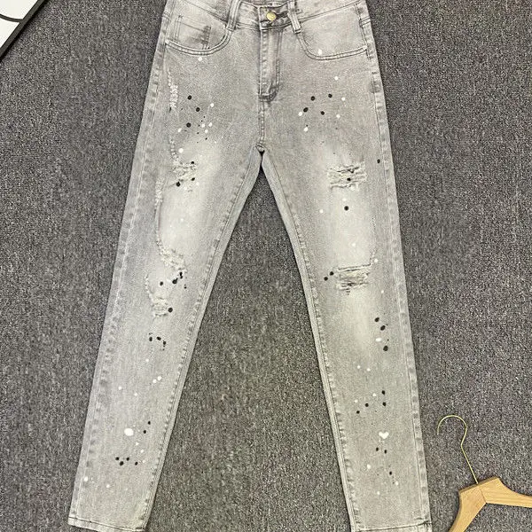 

Light Blue Slim-fit Jeans Men's Trendy Brand Ink Printed Boyfriend Thin Ripped Pants 2024 Spring and Summer New Men's Trousers