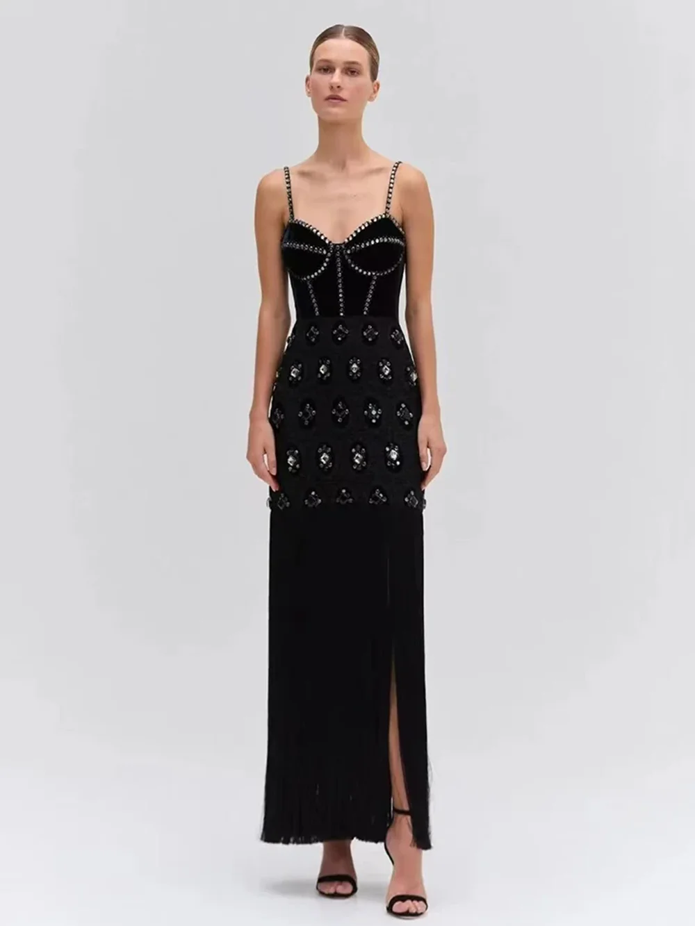 Modphy Ladies Luxury Diamond Tassel Spaghetti Strap Backless Club Black Sleeveless Sexy Mini Bandage Dress Evening Party Gowns