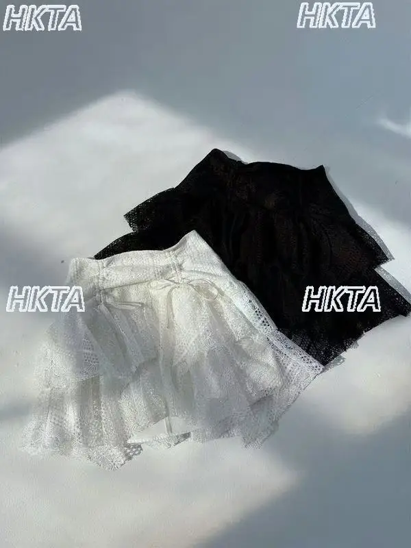 日本のロリータ風秋ハイウエストアシンメトリーイレギュラーレース黒スカート女性用スイートクール万能ボウタイケーキショートスカート