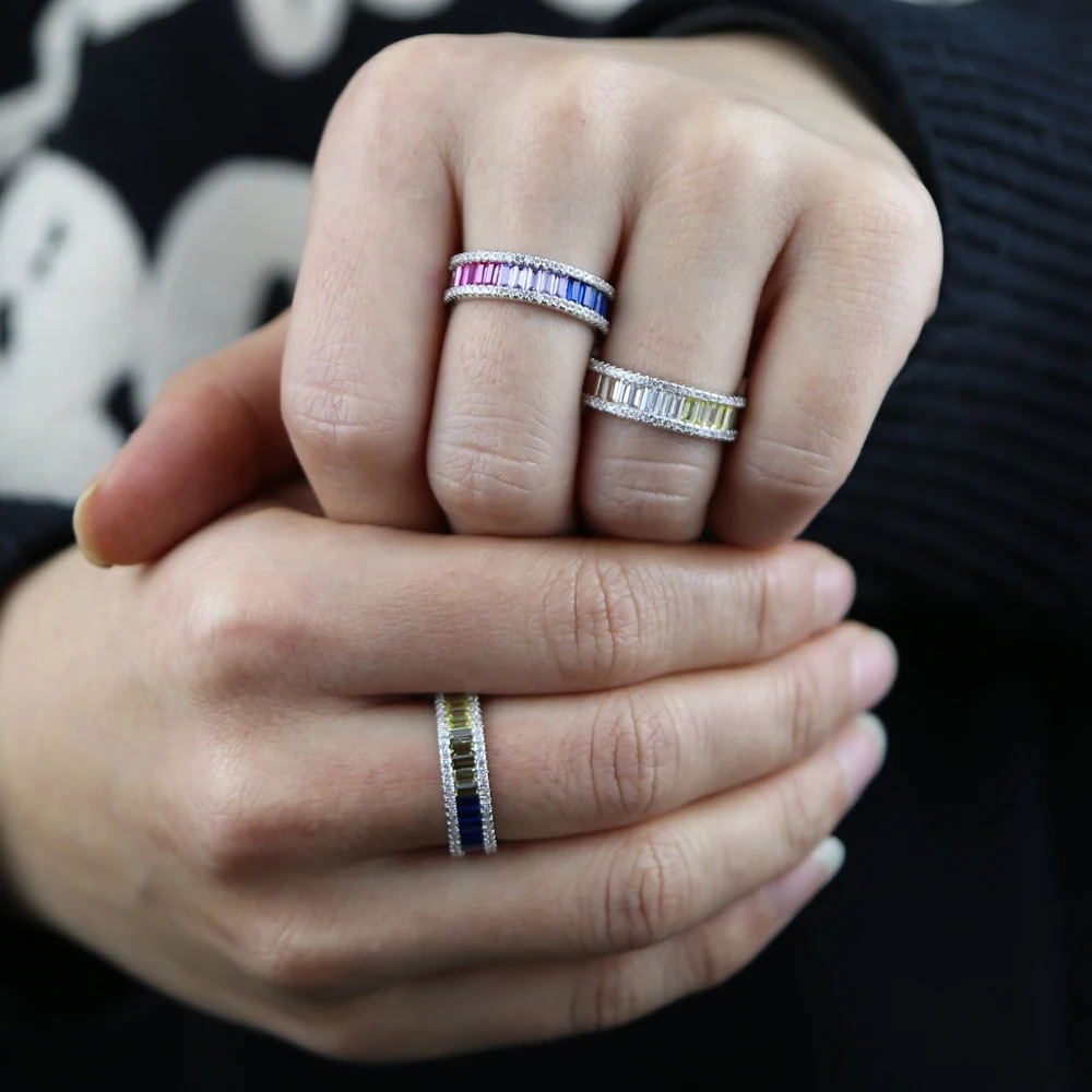 Wholesale Women Band Ring With Silver Color Multi Color Zirconia Wedding Rainbow Cz Ring Paved Colorful Full Cz Stacking Rings