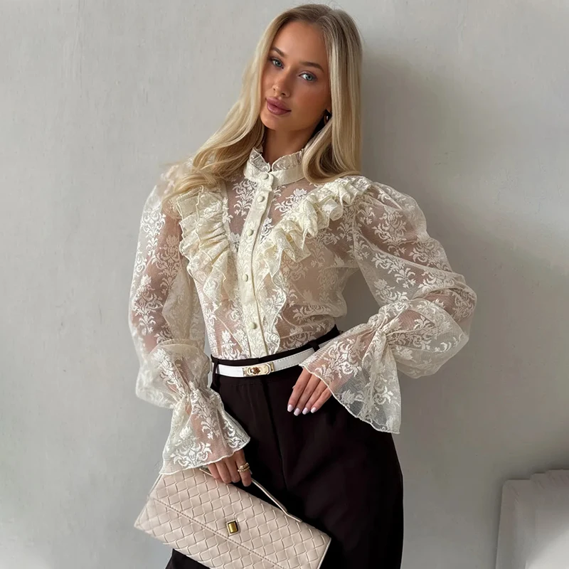 

Женская модная прозрачная кружевная рубашка TARUXY с пуговицами, для повседневной носки и отдыха, весна 2026, новая коллекция, свободная рубашка для вечеринок