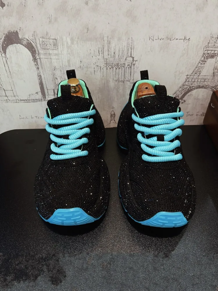 New Men Outdoor Sport Sneakers Lace Up Breathable Diamonds Mesh Spliced Thick Platform Running Shoes Male Joggers Training Shoes