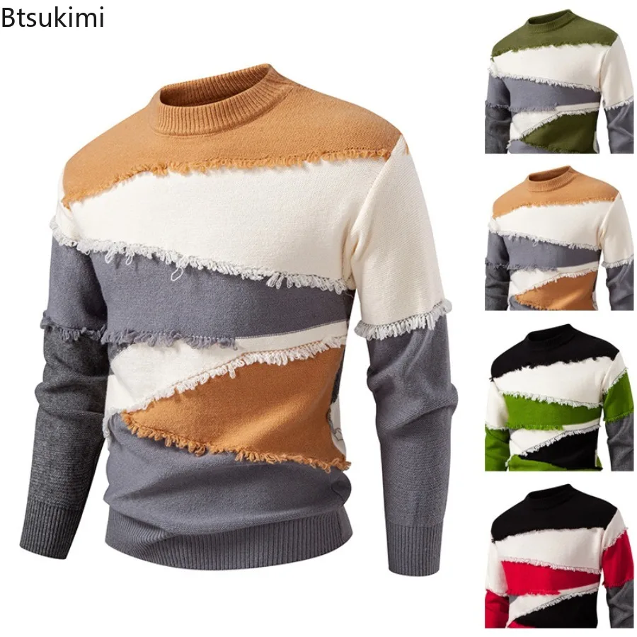 

2025 Men's Fashion O Neck Casual Sweaters Colorblocked Design Long Sleeve Knitted Pullovers Autumn Winter Warm Sweaters for Men