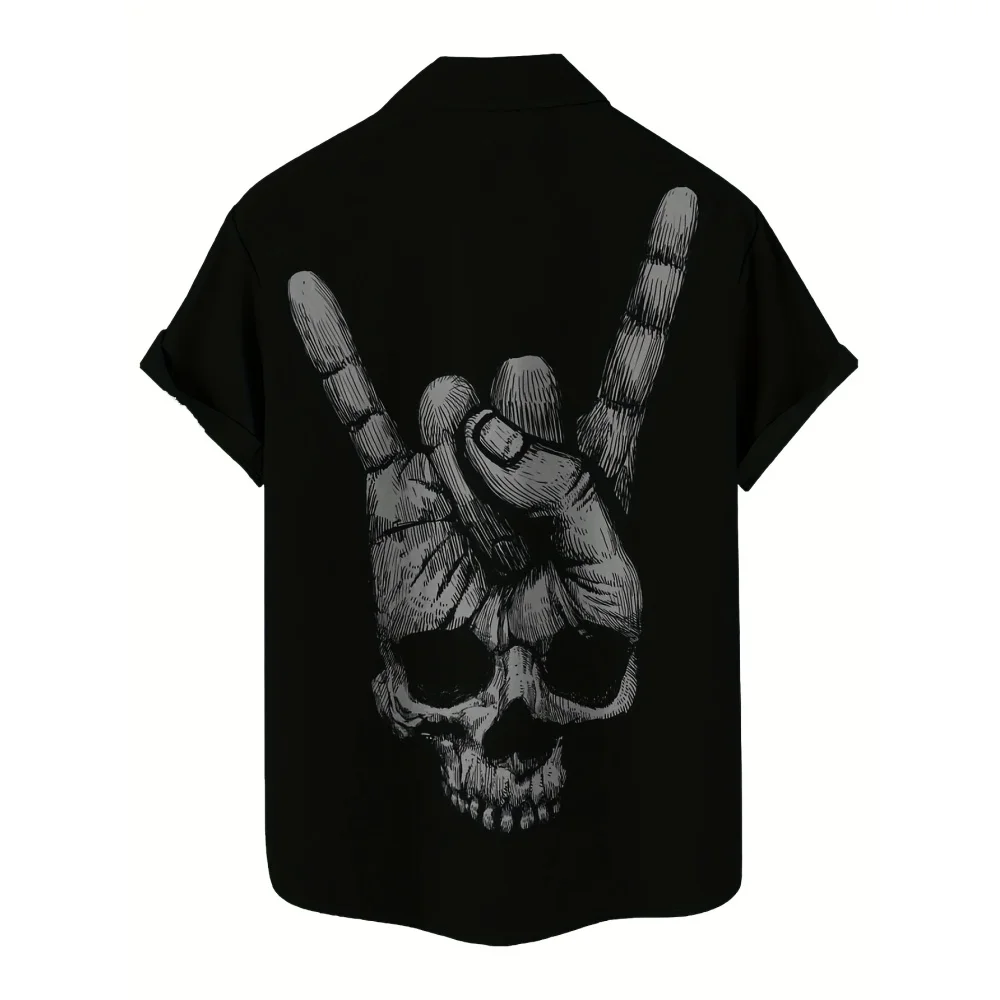 Personality Skull Graphic Shirt Men's Street Hip Hop Rock Y2k Clothes Summer Fashion Classic Lapel Buttons Short Sleeve Tops