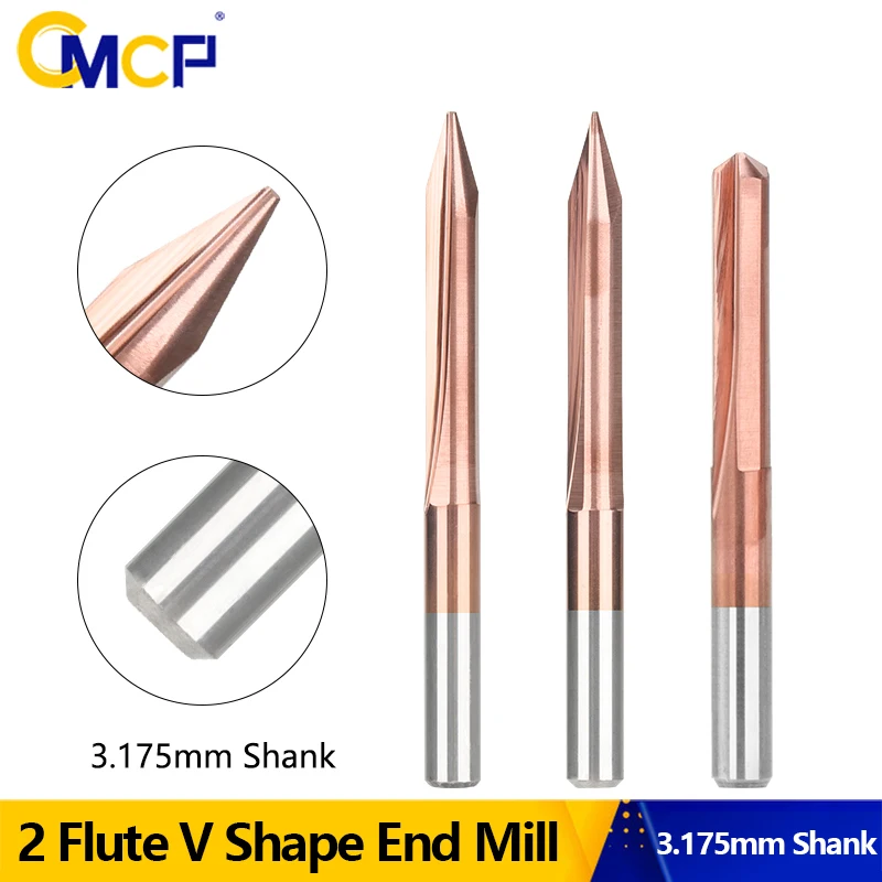 CMCP 2 Flute V Shape End Mill 3.175mm Shank Milling Cutter 20,30,45,60,90 Degrees Engraving Bit Router Bit CNC Carving Bit