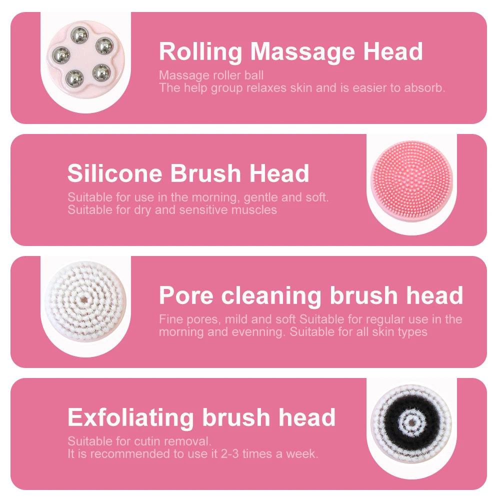 Electric Facial Cleansing Brush with 4 Replacement Brush Heads Face Deep Cleaning Exfoliating Massage Skin Care Tools