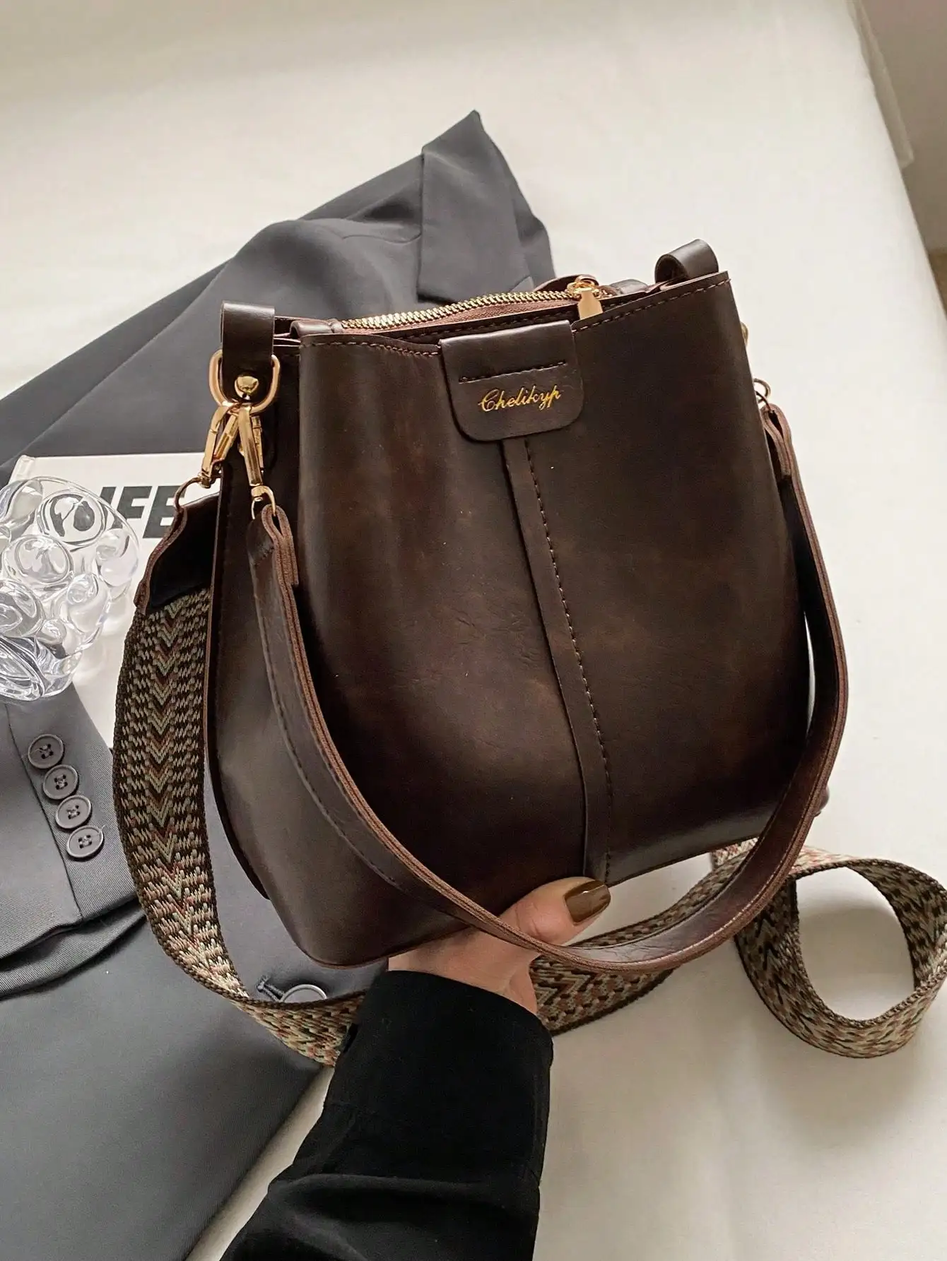 

Mini Autumn And Winter Fashion Texture Solid Color PU Bucket Bag Retro Versatile Ladies Shoulder Bag