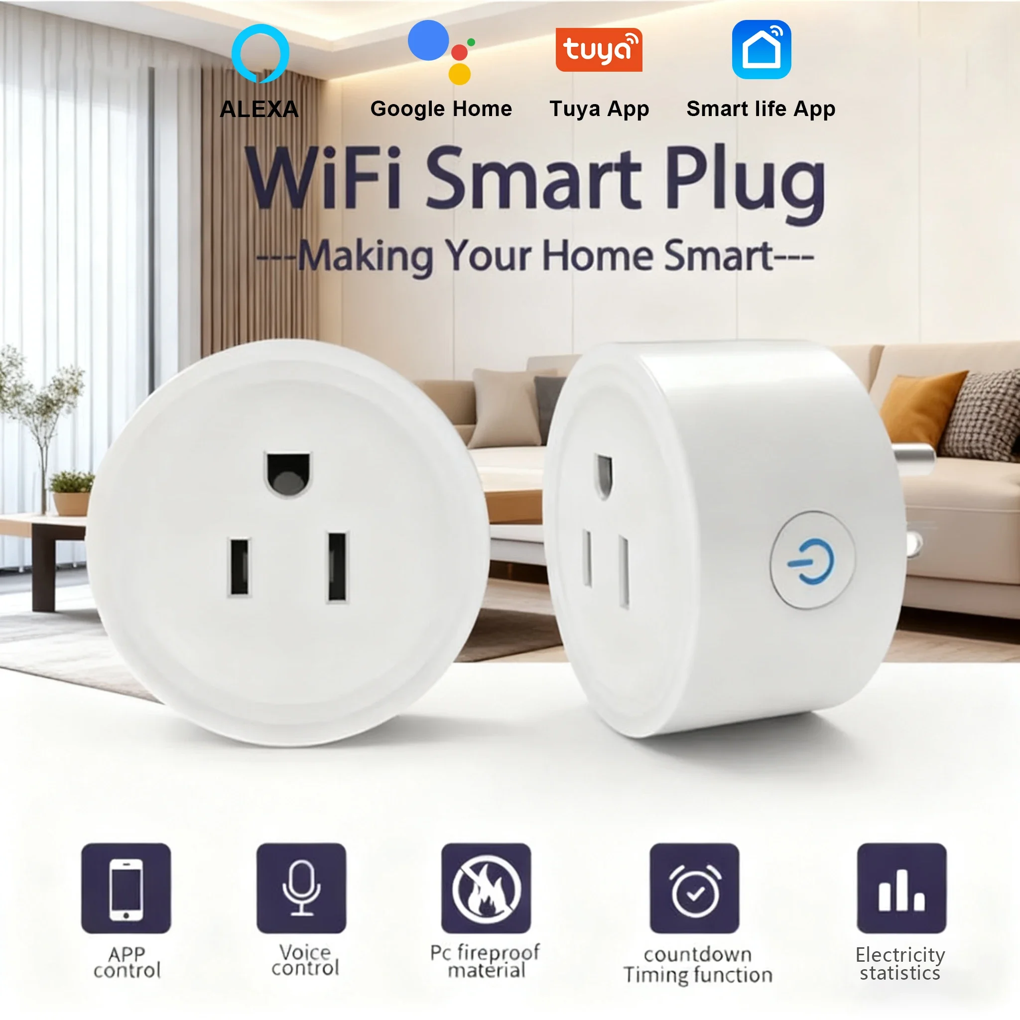 

Умная Wi-Fi розетка Tuya (стандарт США), 10А, с дистанционным управлением, для умного дома, совместима с Alexa и Google Home