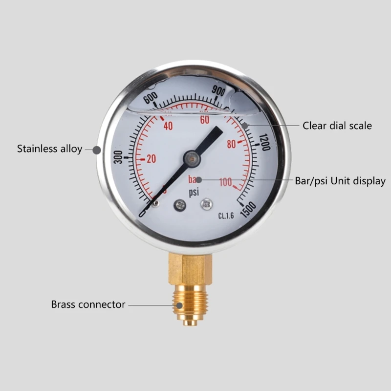 Glycerine Filled Vacuum Pressure Gauge 1/4\'\' BSP Bottom Connection 100 Bar 0-1500 PSI Water Air Oil Gas Gauge Dual Scale