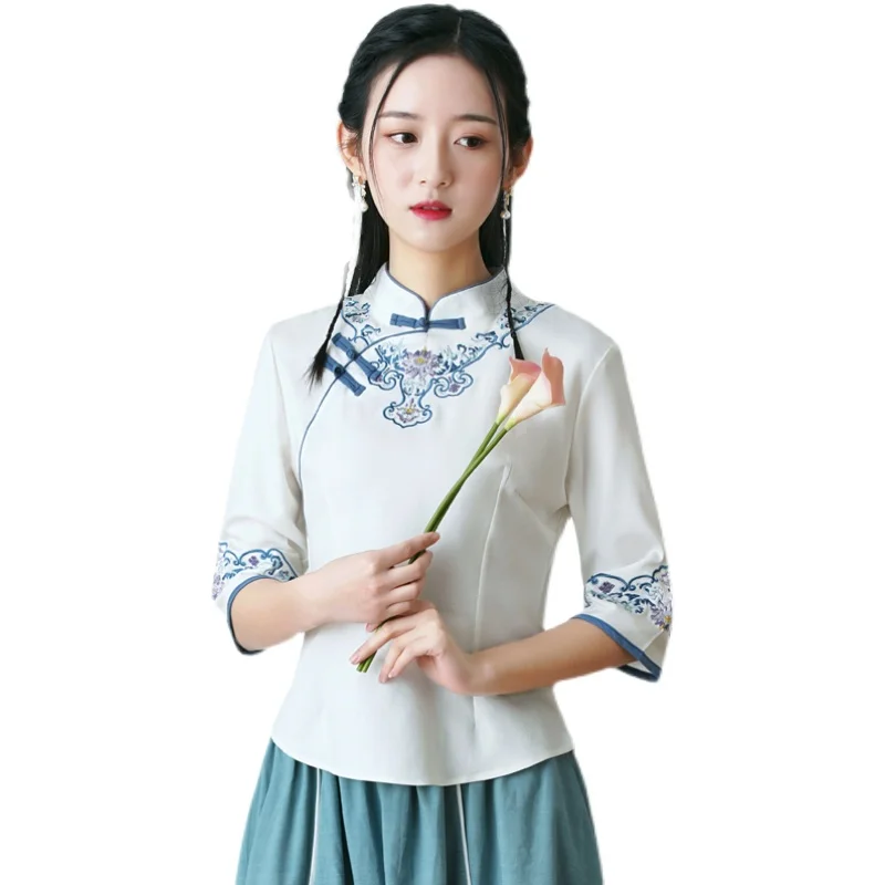 Camiseta Cheongsam mejorada para mujer, traje Tang bordado, estilo chino, Hanfu, manga de siete puntos, 2022