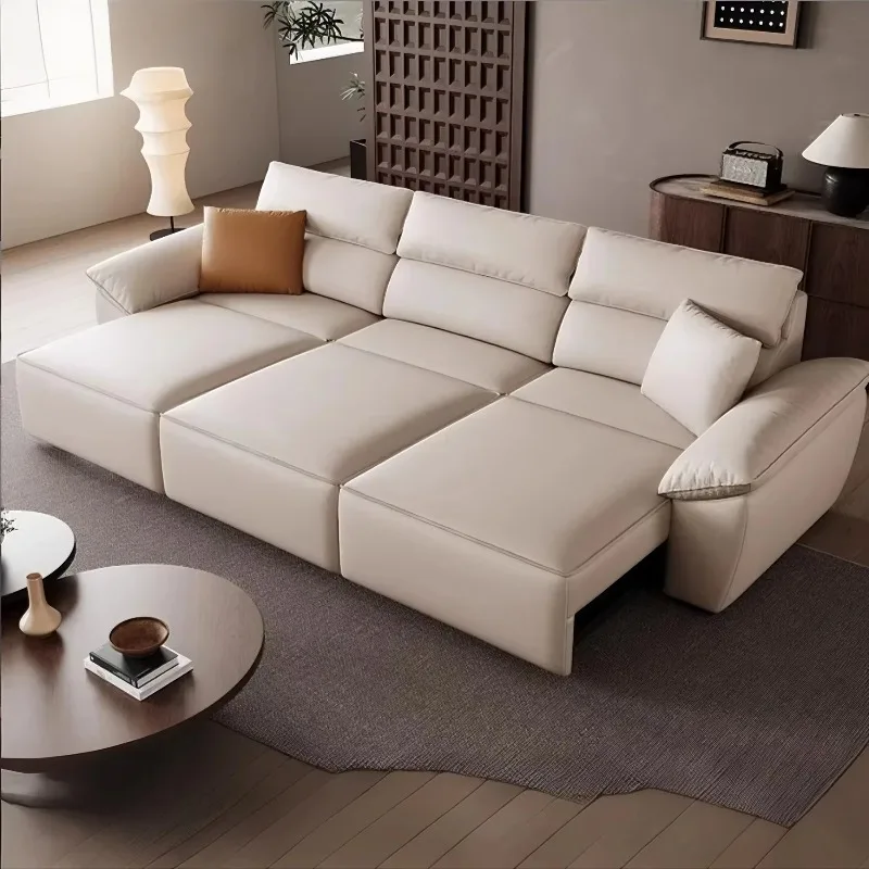 Modern Luxury 3-Seat Electric Recliner Leather Sofa Set Convertible Extendable Trolley Remote Control for Living Room Wood Frame
