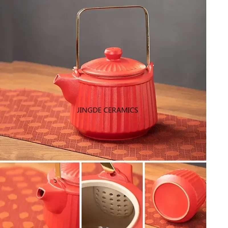 Exquisite Red Ceramic Tea Pot and Cup Set Custom Chinese Wedding Tea Set Handmade Ball Hole Filter Teapot Home Beauty Teaware