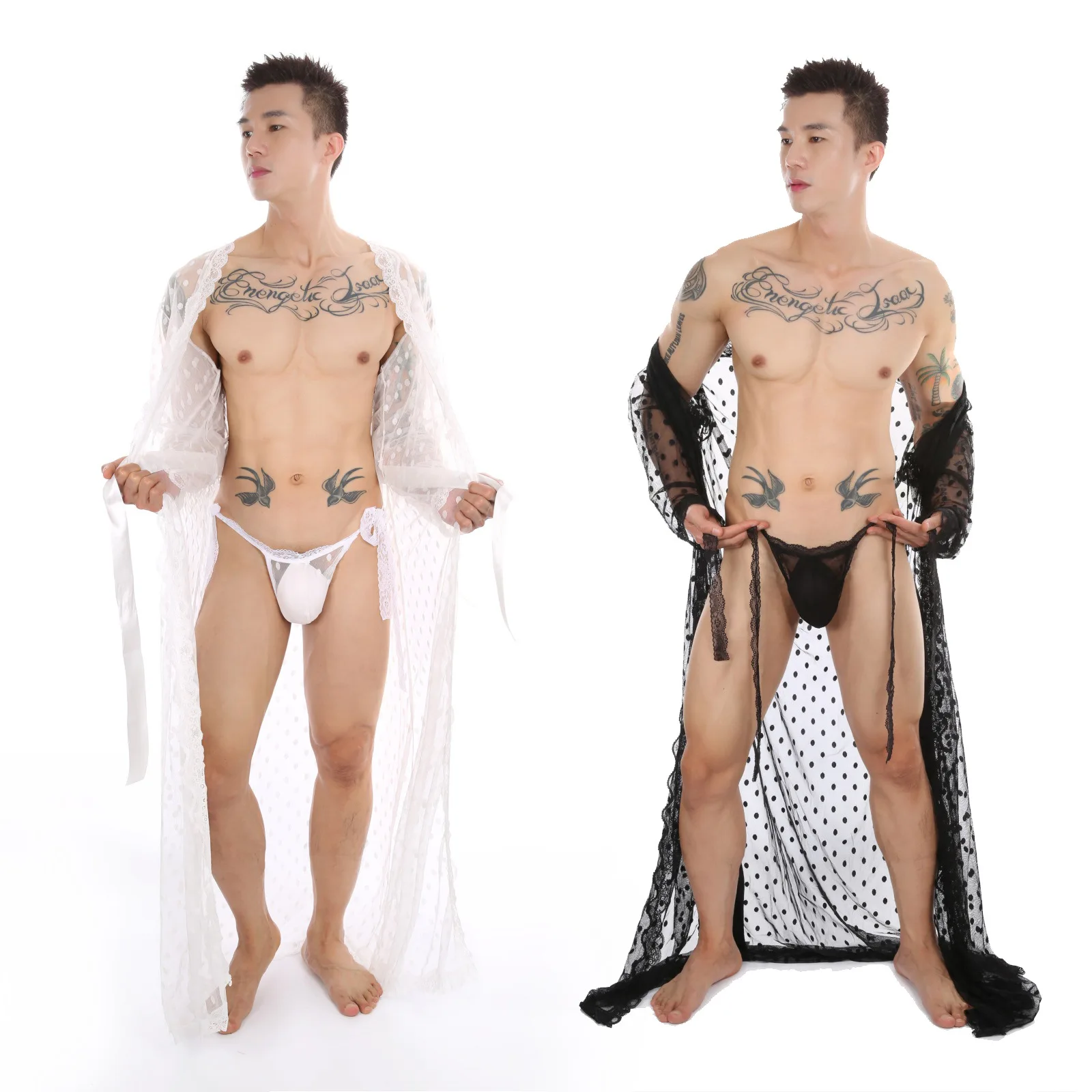 Men Thong Men's Sexy Underwear U-bag Cuecas Gay Underwear Polka-dot Kimono Long Lace Bathrobe Transparent Slit Man 2-Piece Set