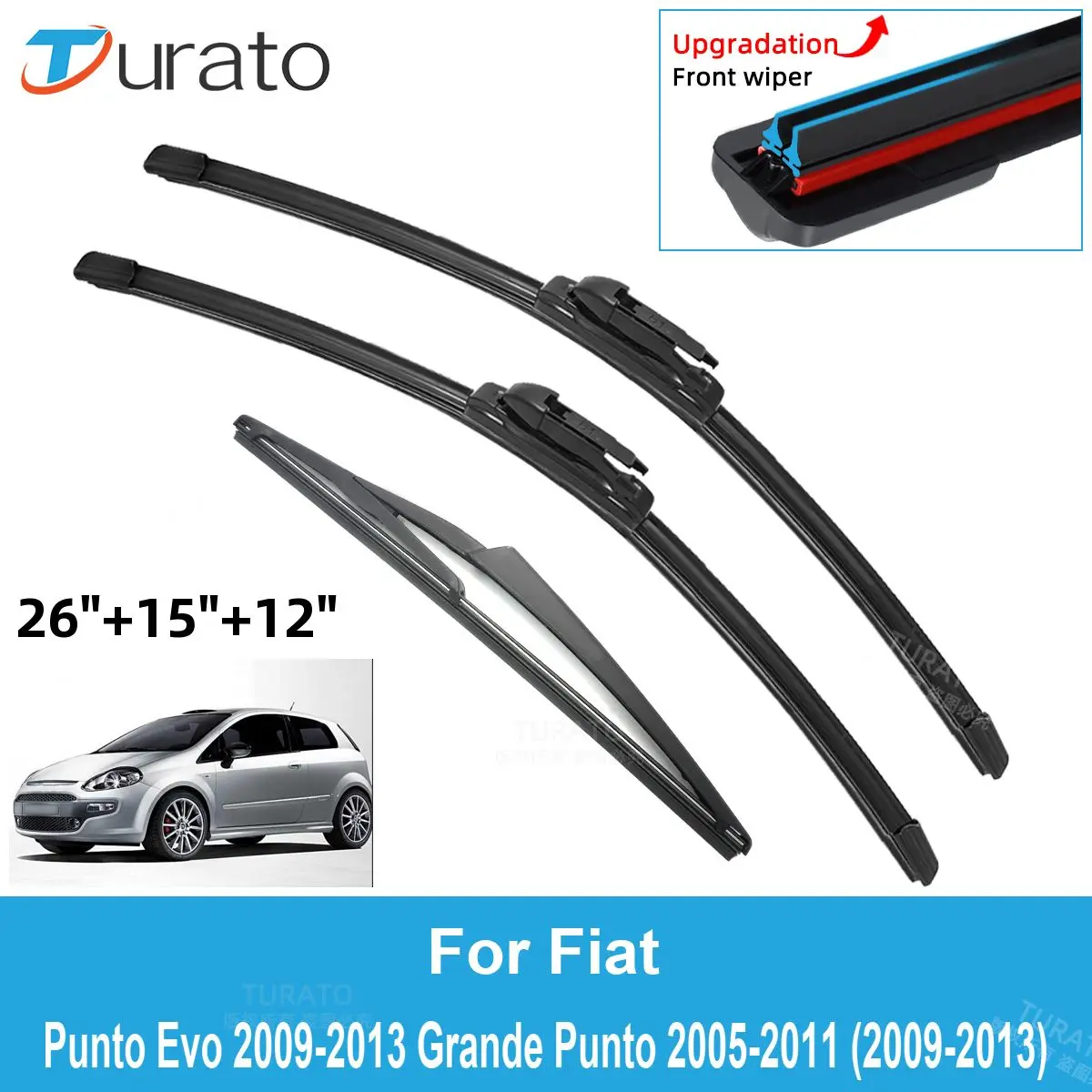 

3PCS Car Wiper Blades for 2009-2013 Fiat Punto Evo 2009-2013 Grande Punto 2005-2011 Rear Wipers Double Rubber Accessories 2013