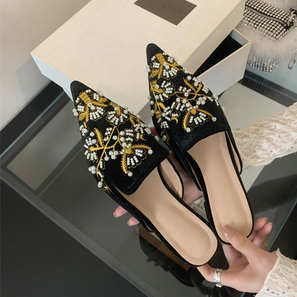 Aneikeh Summer Women Flat Slippers Pointed Bead Embroidery Roman Style Shallow Mouth Velvet Mules Shoes Slip on Female Slides