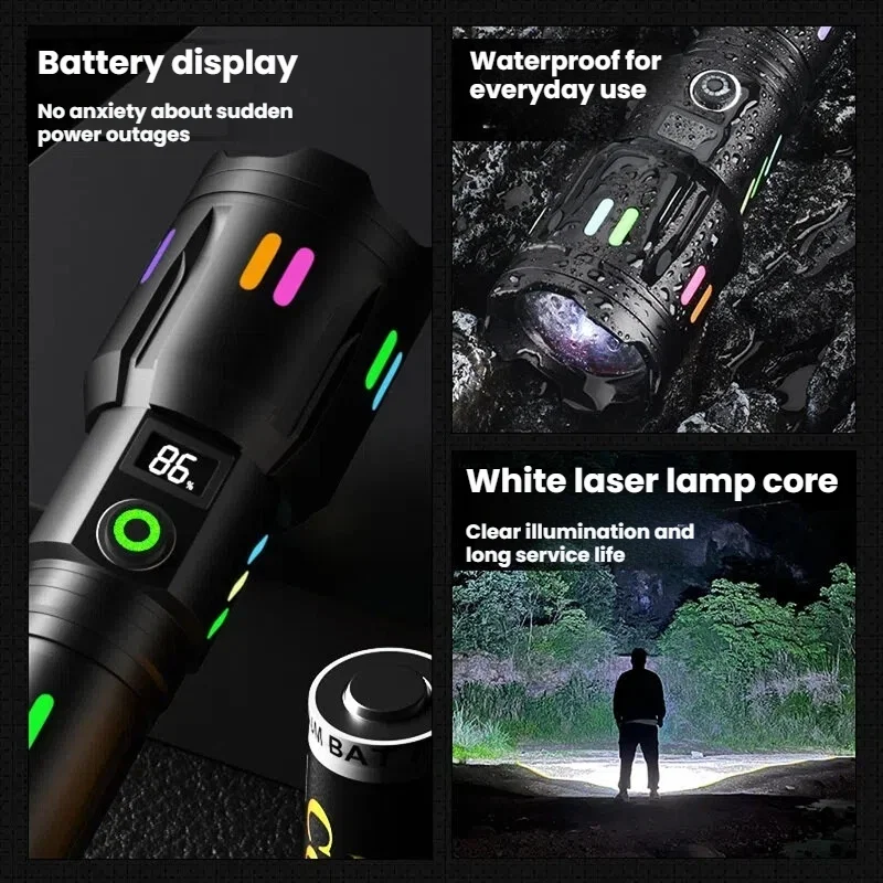 Strong Light Long-range Flashlight Zoom Rechargeable Digital Display Fluorescent Strip Torch Tail Hammer Outdoor Emergency