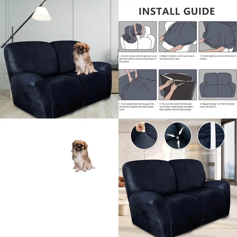 

2 Seater Reclining Couch Cover Set, Washable Fabric, Navy Blue